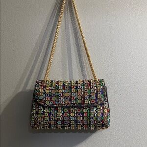 Elegant Multicolor Beaded Shoulder Bag with Gold Chain